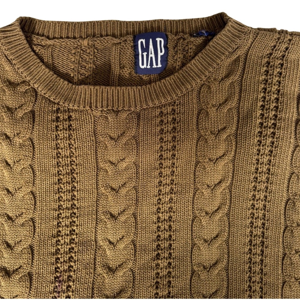 Vintage‎ GAP Mens Cable Knit Sweater Brown Olive Crewneck 90s Relaxed Fit XL